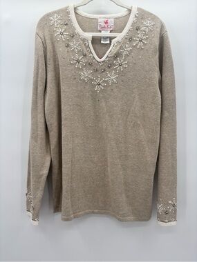 Quacker Factory Tan V-Neck Sweater with Beaded Snowflake Embellishment Size L